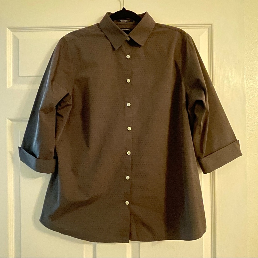Lands' End Women’s Charcoal Gray Wrinkle Free Button Down Shirt‎ Sz 14 EUC